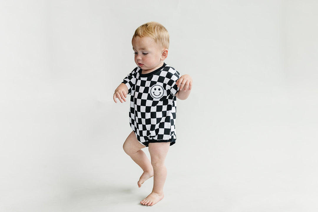 Short Sleeve Bubble Romper | Checkered Smiley Black