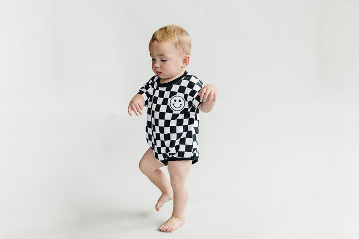 Short Sleeve Bubble Romper | Checkered Smiley Black