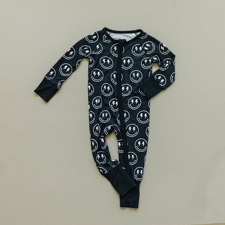 Electric Smiley Bamboo Zip Romper flat lay showing the full one piece design