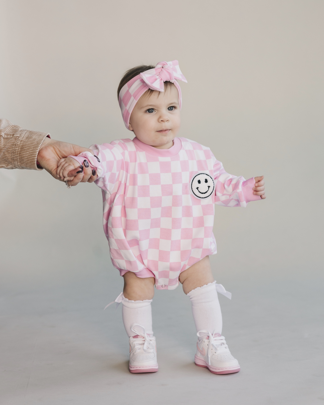 Bubble Romper | Checkered Smiley Pink