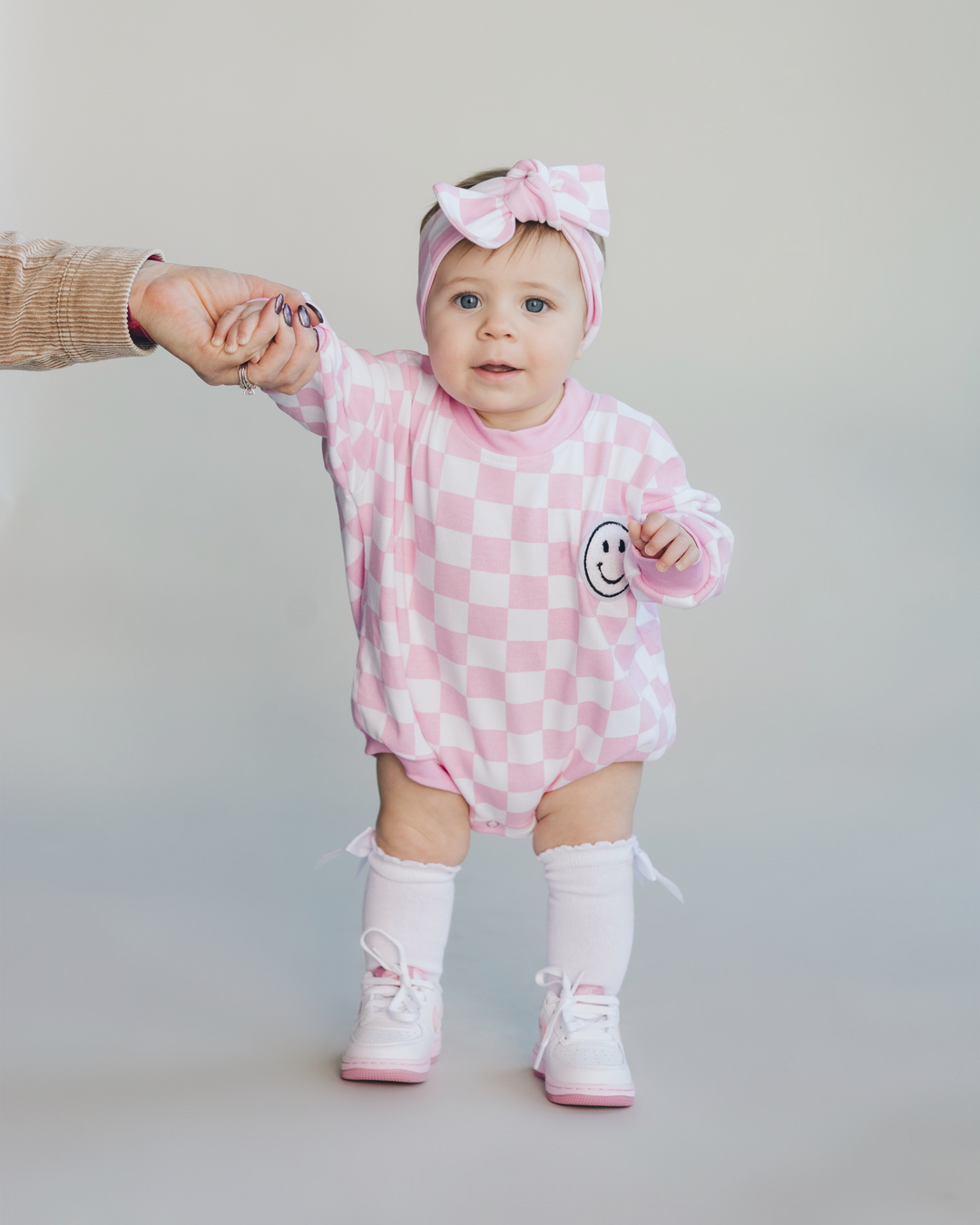 Bubble Romper | Checkered Smiley Pink