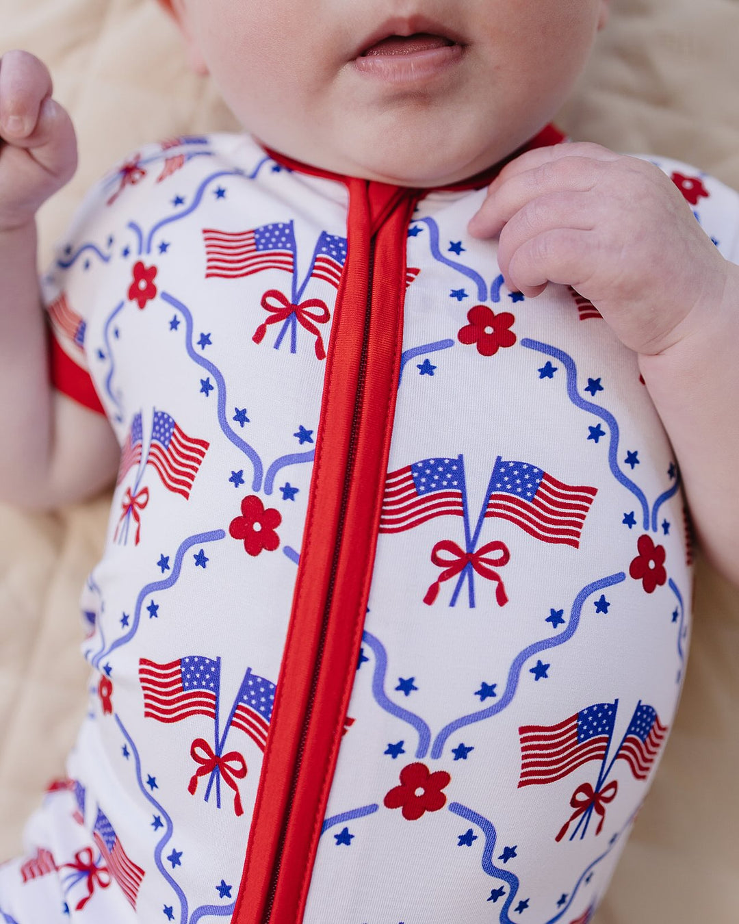 Close-up of Lucky Panda Kids American Girl bamboo shorts set fabric — buttery-soft 220 GSM, patriotic print