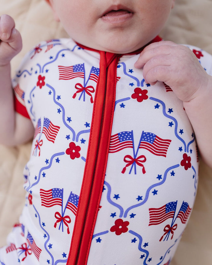 Close-up of Lucky Panda Kids American Girl bamboo shorts set fabric — buttery-soft 220 GSM, patriotic print
