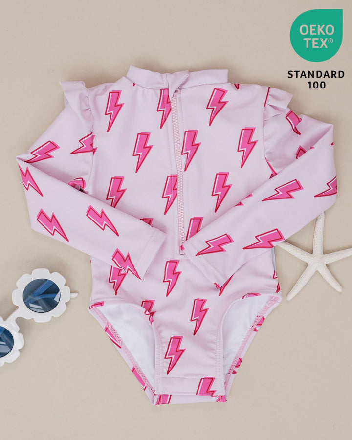 Long Sleeve Rash Guard Swimsuit | Pink Bolts