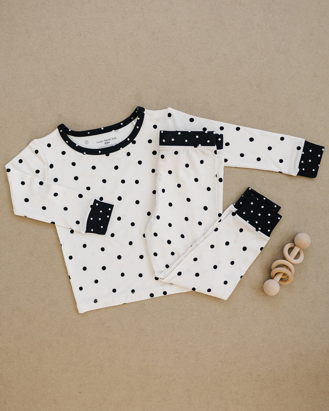 Classic Polka Bamboo Two Piece Set flat lay with matching long sleeve top and pants
