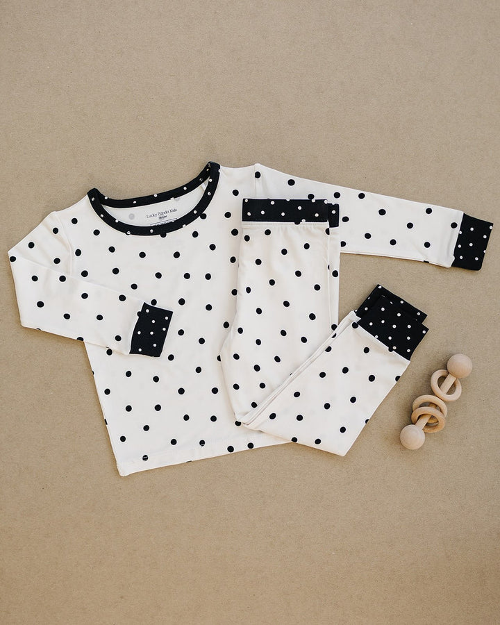 Classic Polka Bamboo Two Piece Set flat lay with matching long sleeve top and pants