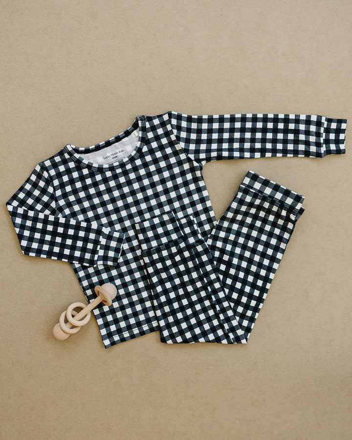 Black Gingham Bamboo Two Piece Set flat lay with long sleeve top and matching pants