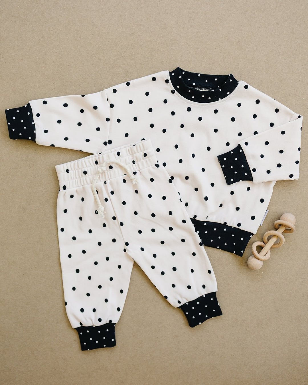 Classic Polka Jogger Set flat lay with matching long sleeve top and pants