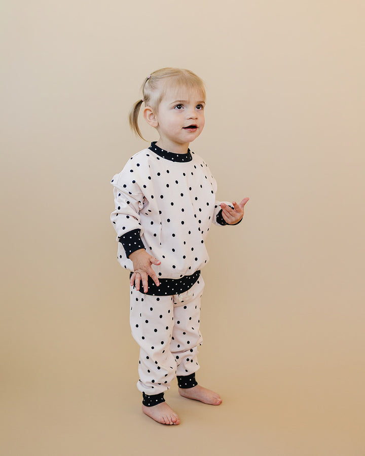 Little one wearing the Classic Polka Jogger Set in a casual everyday look