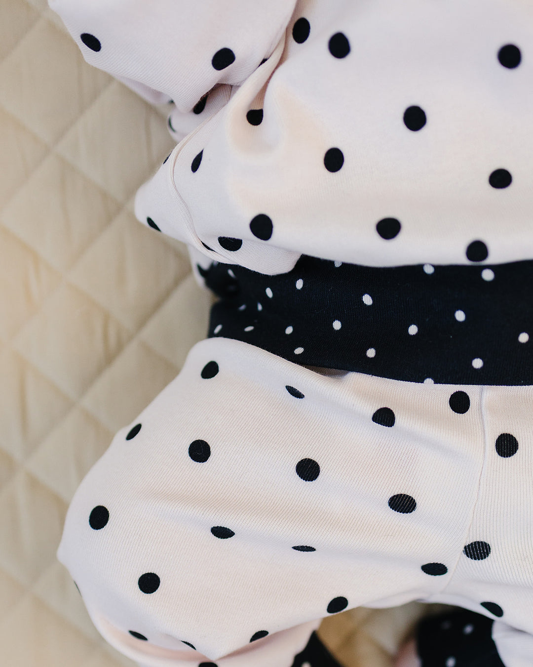 Close up of the Classic Polka Jogger Set showing the black waistband and polka dot print