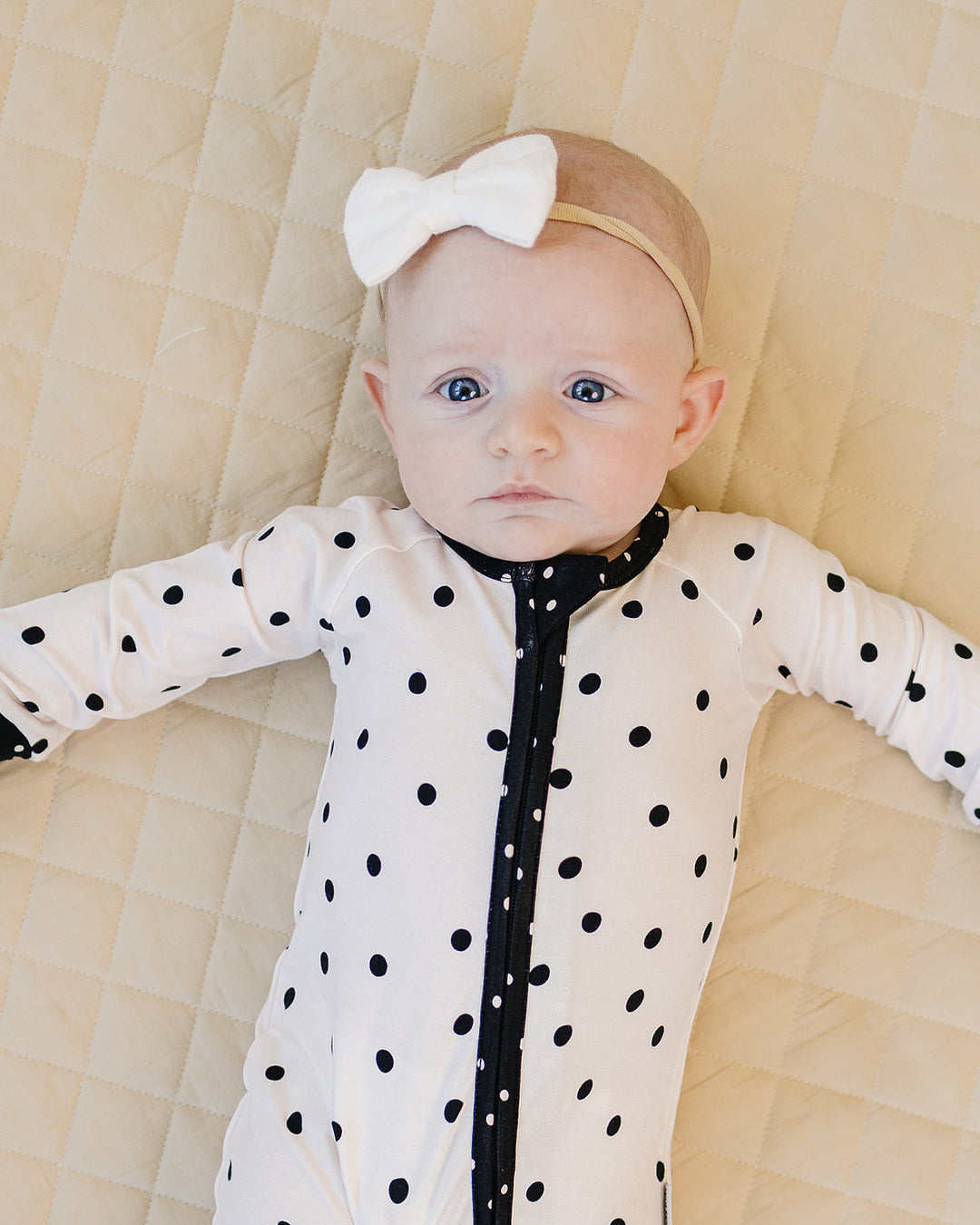 Front close up of baby wearing the Classic Polka Bamboo Zip Romper