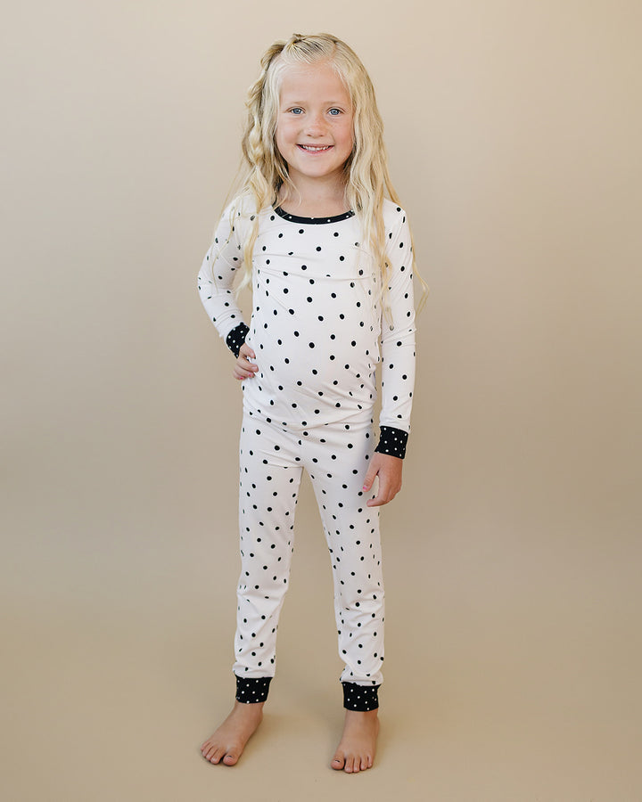 Full length front view of the Classic Polka Bamboo Two Piece Set
