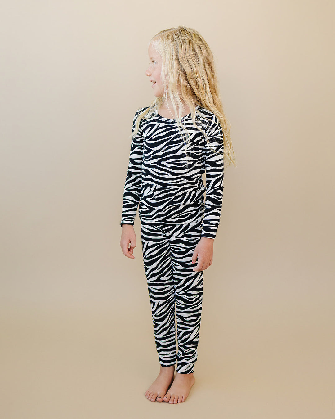 Side view showing the fit of the Zebra Bamboo Two Piece Set