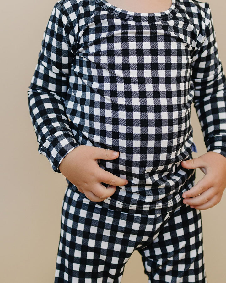 Close up of the Black Gingham Bamboo Two Piece Set showing the check print and fit