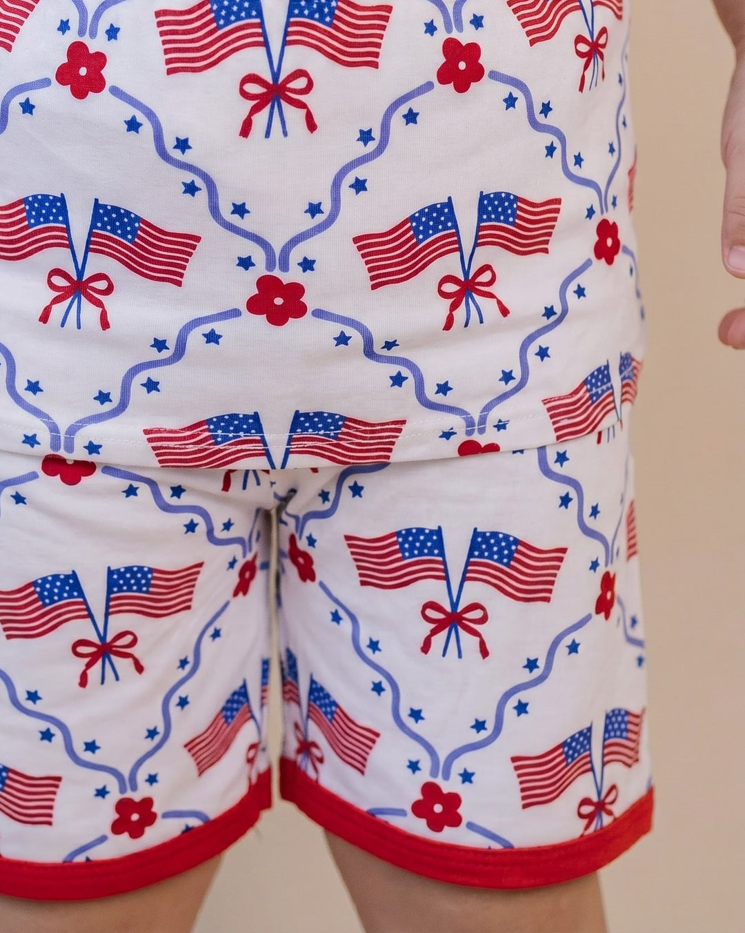 Close-up of Lucky Panda Kids American Girl bamboo shorts set fabric — buttery-soft 220 GSM, patriotic print
