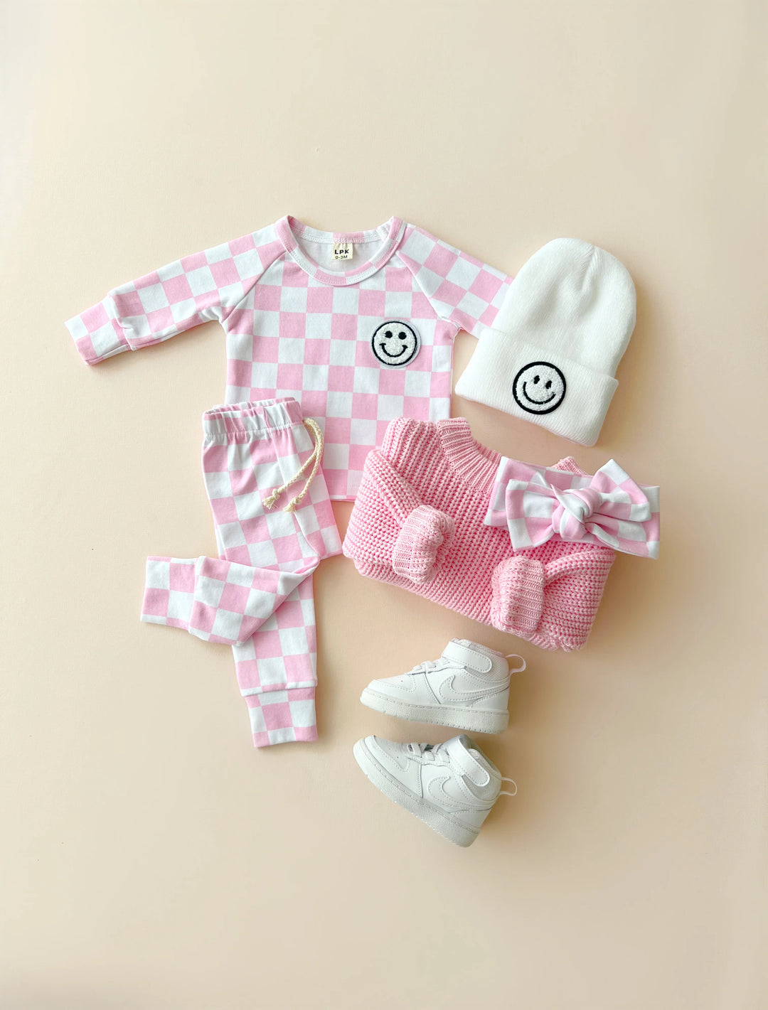 Checkered Smiley Lounge Set | Pink