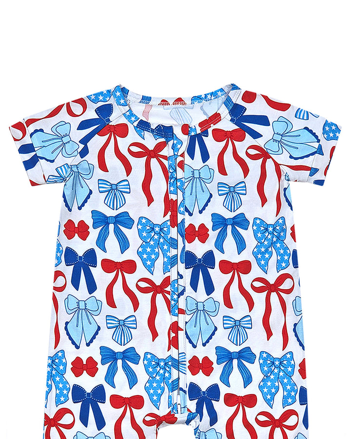 Bamboo Shorty Romper  | Red-White & Bows
