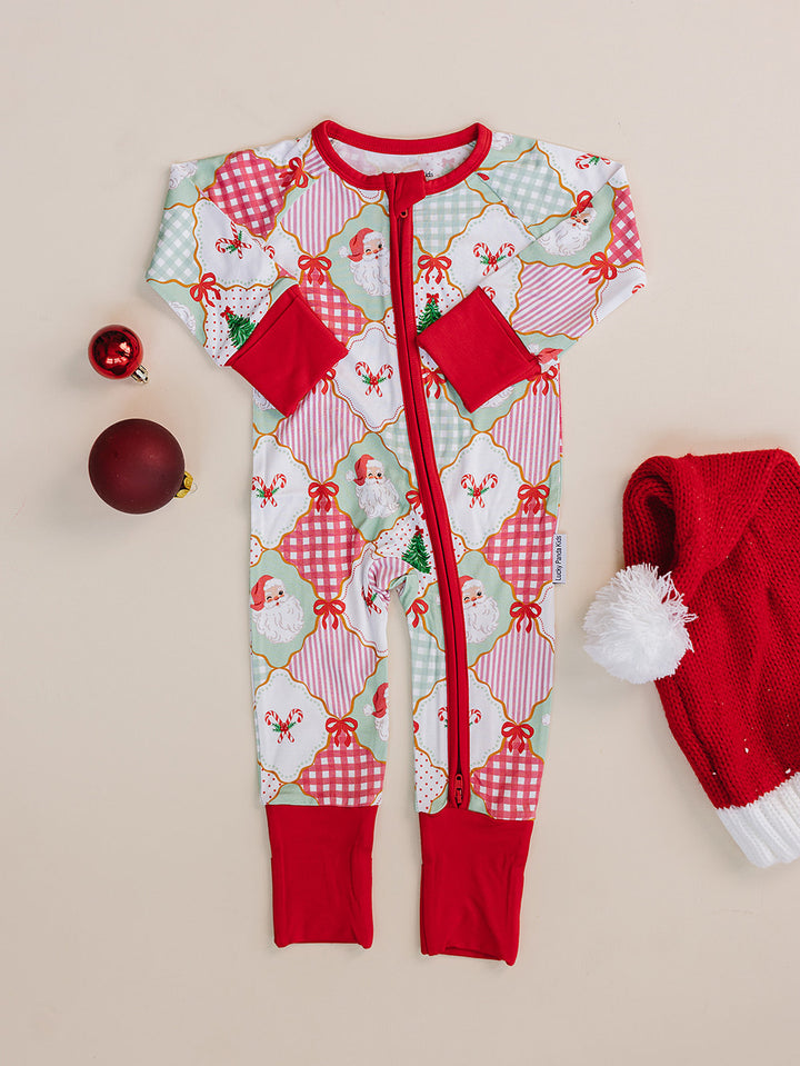  Christmas Patchwork Bamboo Zippy — baby in patchwork Christmas romper, Lucky Panda Kids
