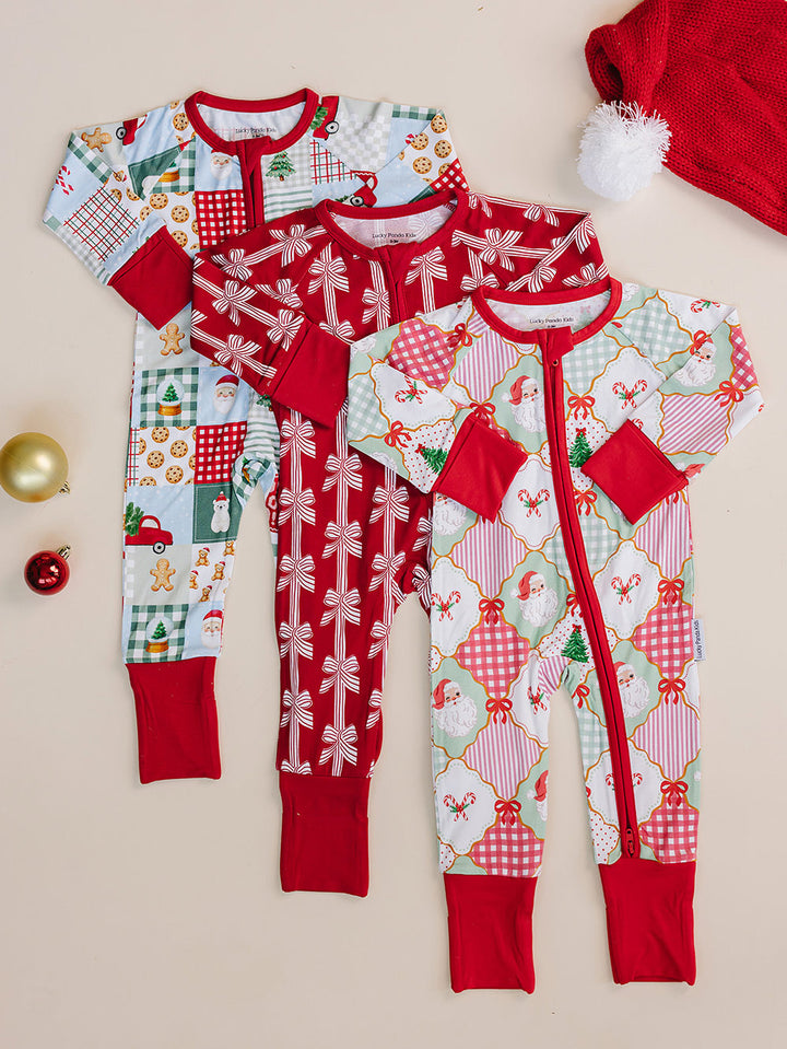 Christmas Patchwork Bamboo Zippy — Christmas romper, Lucky Panda Kids, Flat Lay