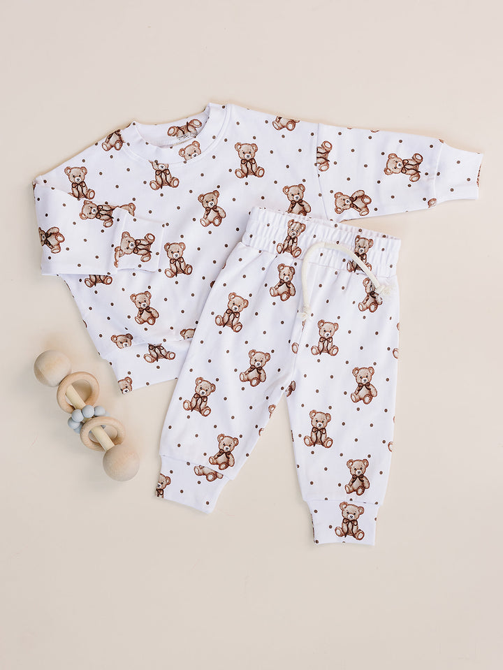White Cute Bear cotton jogger set with a teddy bear and polka-dot print displayed flat.