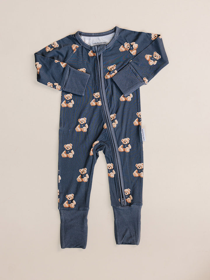 Dark charcoal Bear Vibes bamboo zip romper with an all-over teddy bear print displayed flat.