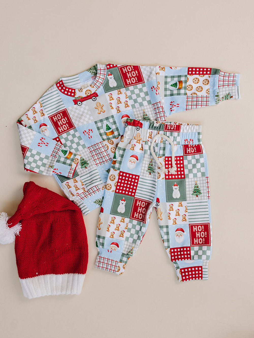 Christmas Patchwork Jogger Set — toddler boy in patchwork Christmas pajama set, Lucky Panda Kids