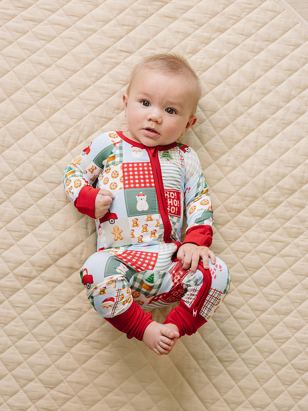 Christmas Patchwork Bamboo Zippy — baby in patchwork Christmas romper, Lucky Panda Kids