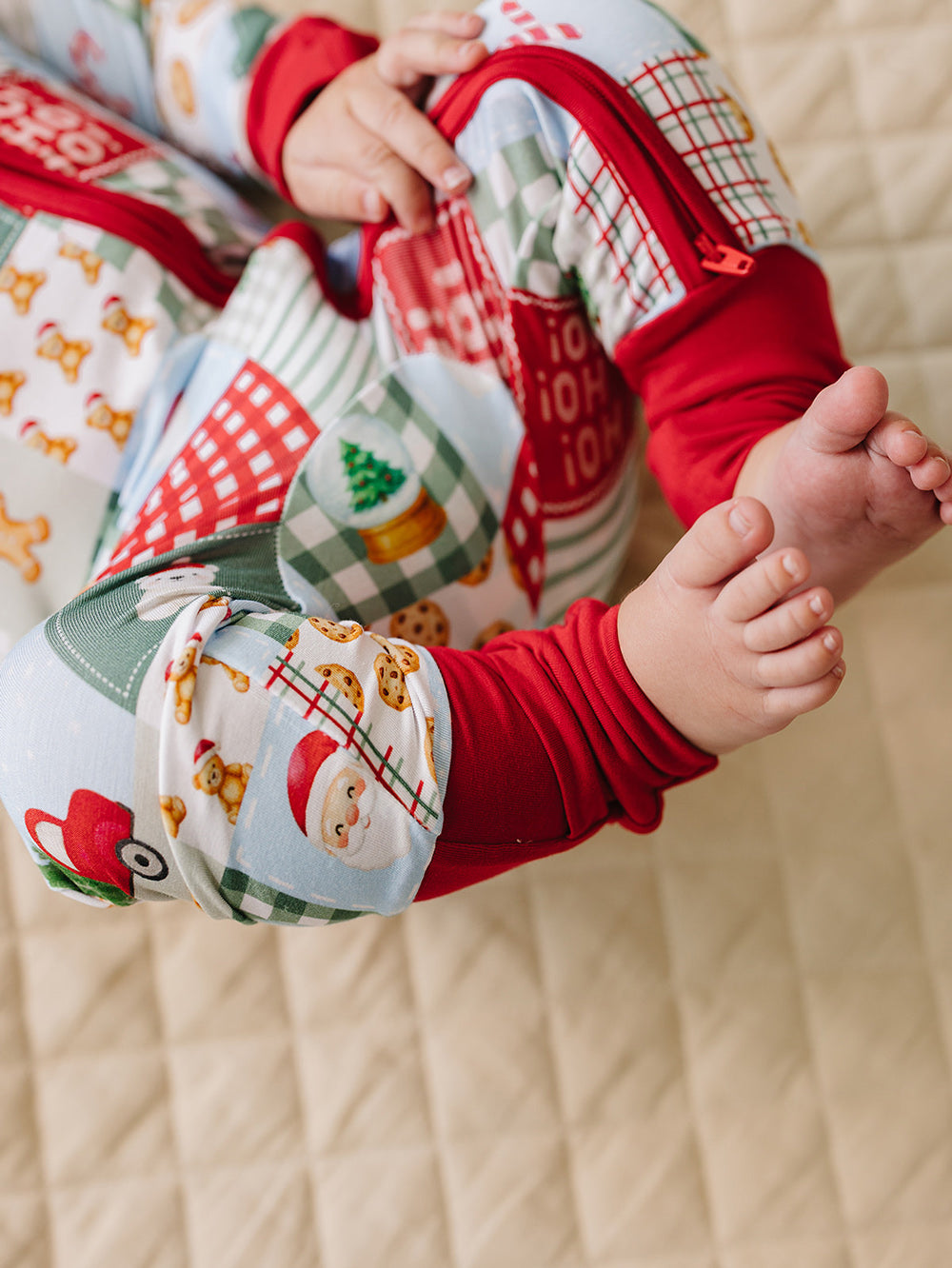 Christmas Patchwork Bamboo Zippy — baby in patchwork Christmas romper, Lucky Panda Kids