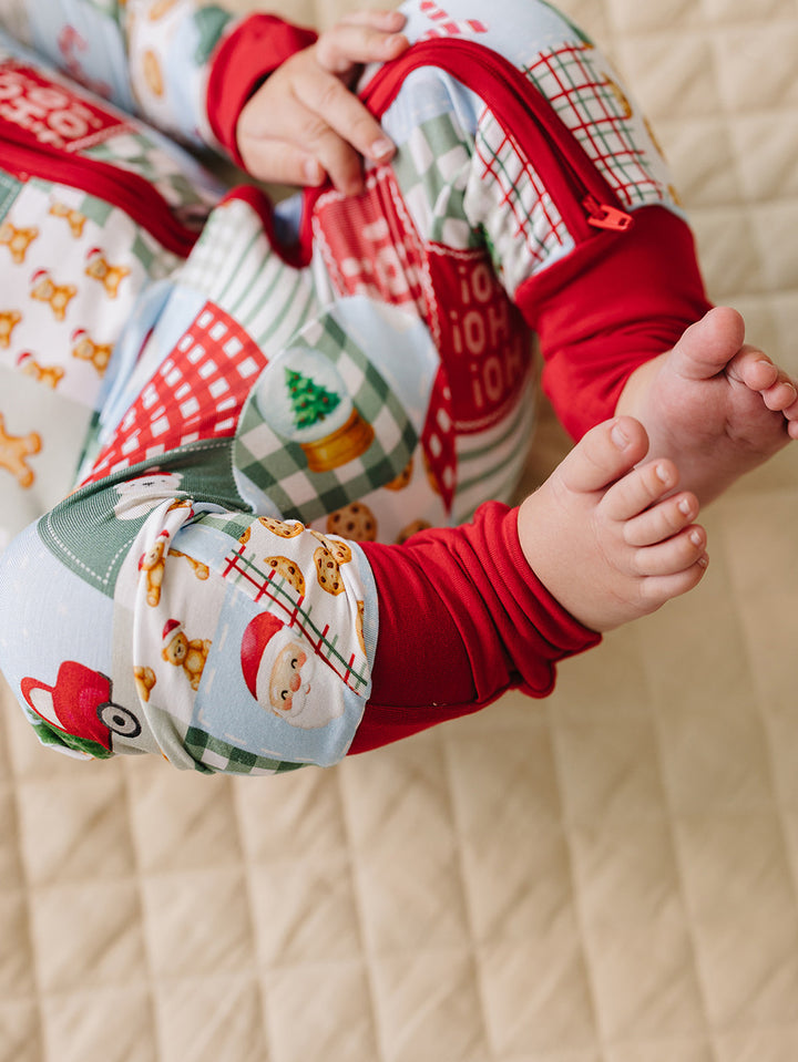 Christmas Patchwork Bamboo Zippy — baby in patchwork Christmas romper, Lucky Panda Kids
