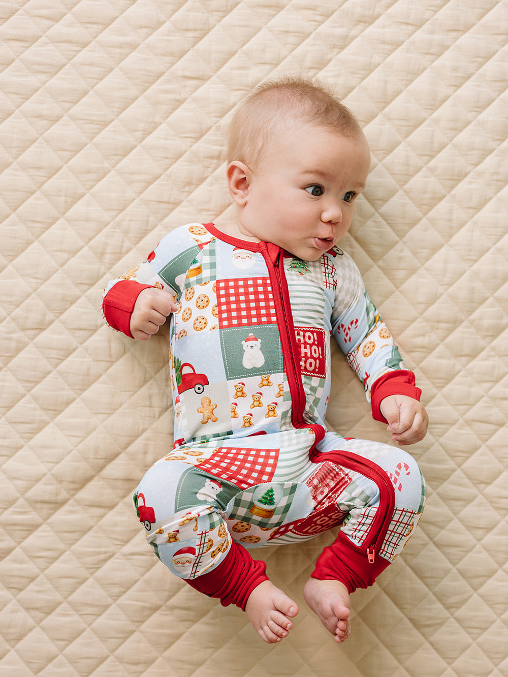 Christmas Patchwork Bamboo Zippy — baby in patchwork Christmas romper, Lucky Panda Kids