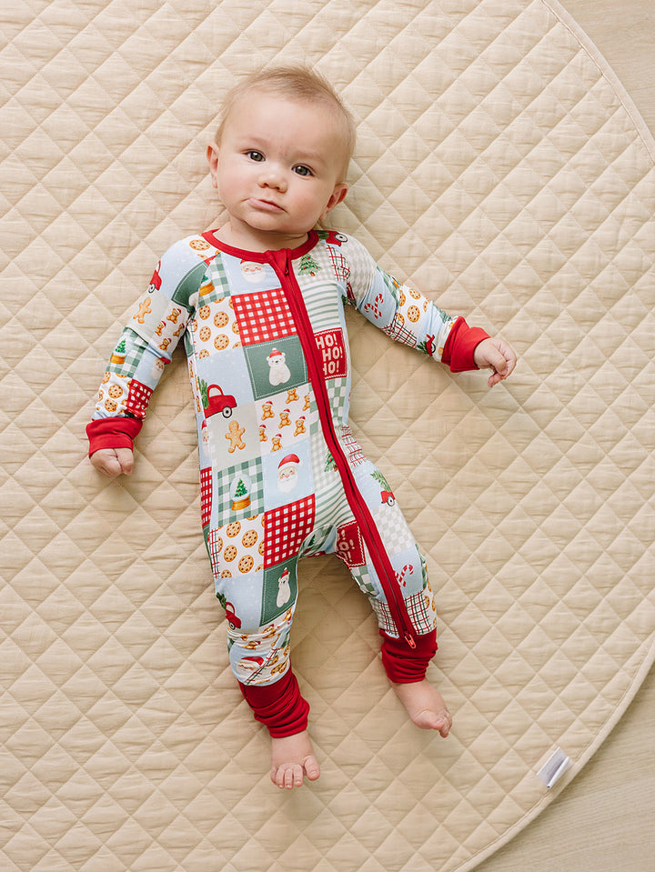 Christmas Patchwork Bamboo Zippy — baby in patchwork Christmas romper, Lucky Panda Kids