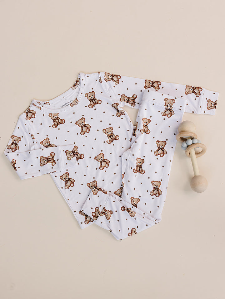 hite Cute Bear bamboo long-sleeve top and matching pants displayed as a flat lay.