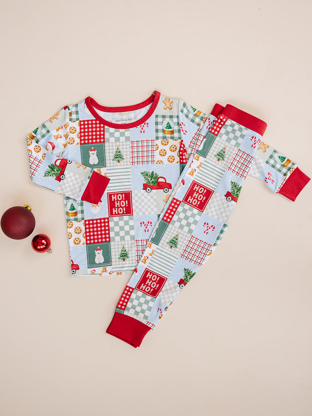  Christmas Patchwork Bamboo Two Piece — flat lay Christmas pajama set, Lucky Panda Kids

