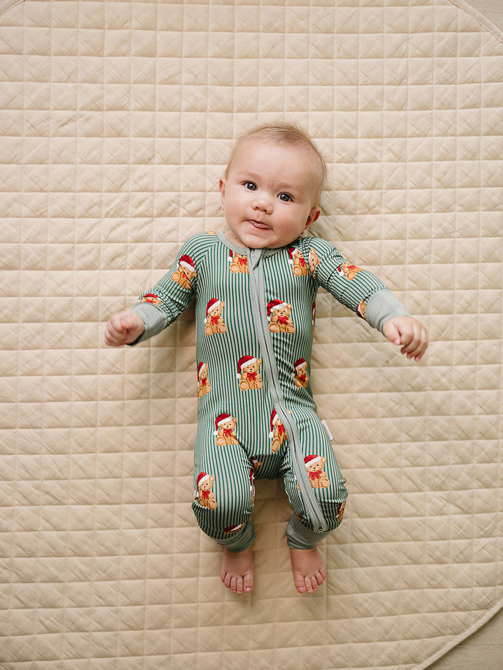 Merry Bear Bamboo Zippy — baby in Santa hat bear print Christmas romper, Lucky Panda Kids
