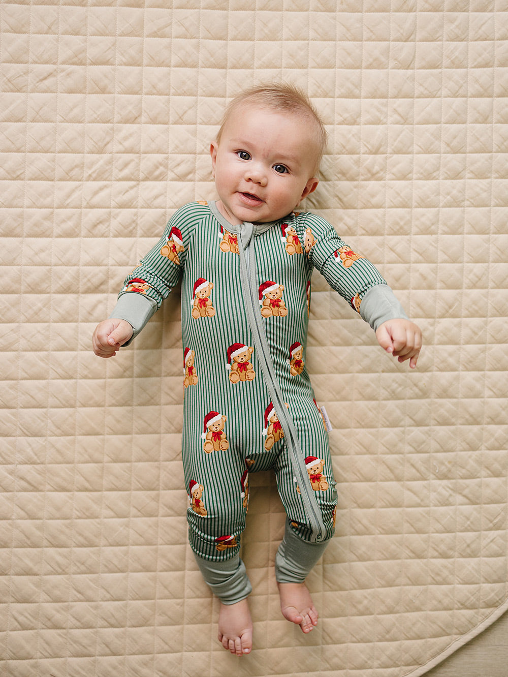 Merry Bear Bamboo Zippy — baby in Santa hat bear print Christmas romper, Lucky Panda Kids
