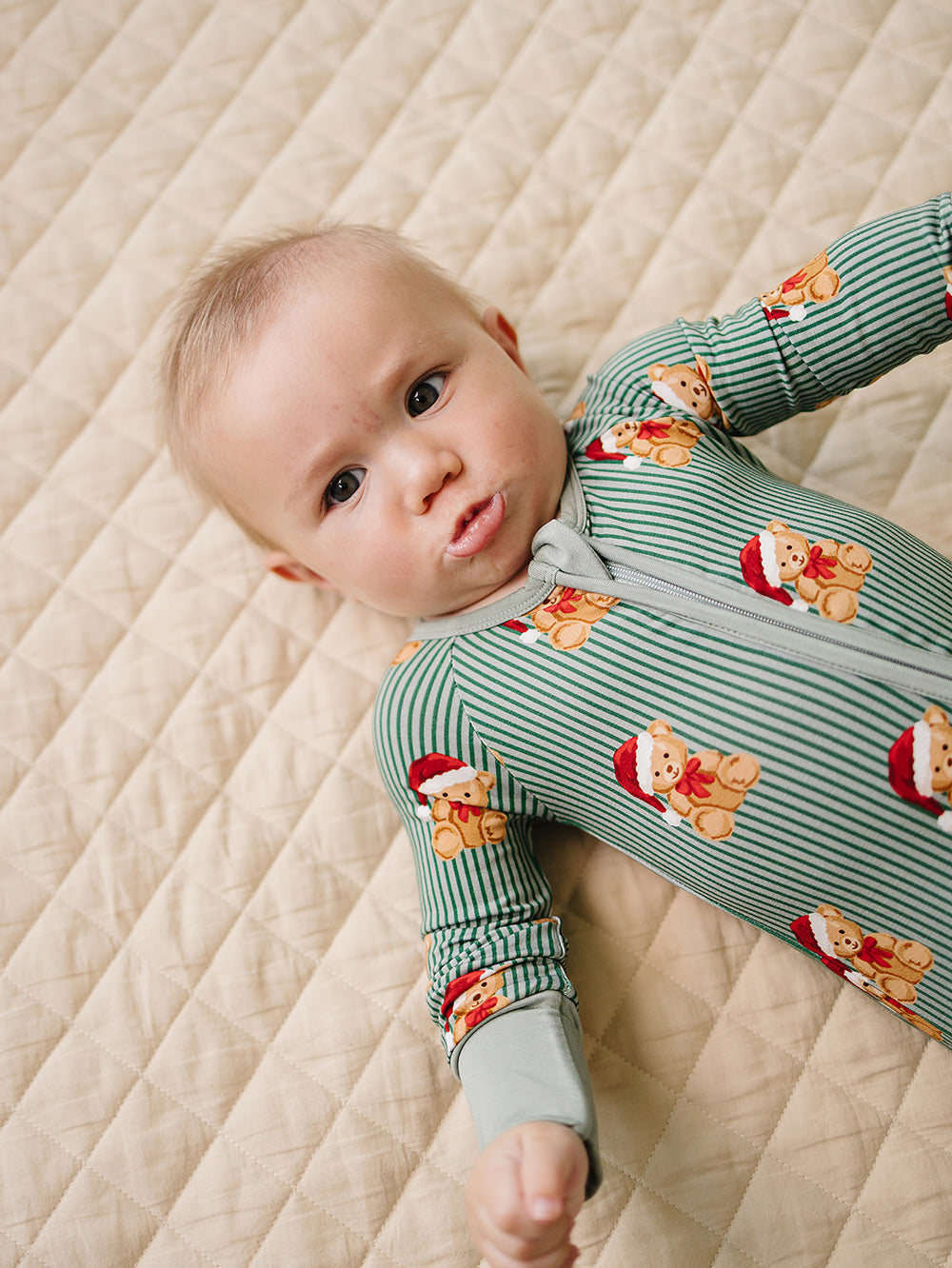 Merry Bear Bamboo Zippy — baby in Santa hat bear print Christmas romper, Lucky Panda Kids
