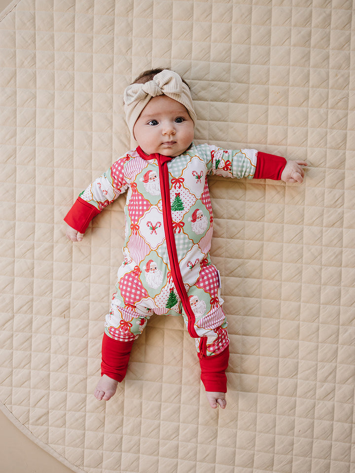  Christmas Patchwork Bamboo Zippy — baby in patchwork Christmas romper, Lucky Panda Kids