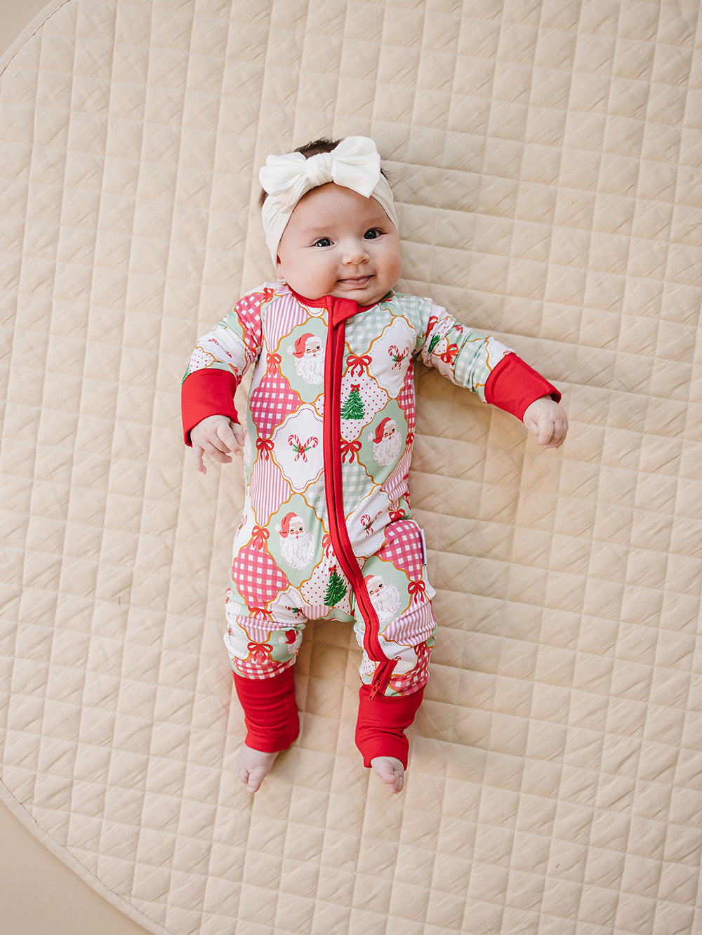  Christmas Patchwork Bamboo Zippy — baby in patchwork Christmas romper, Lucky Panda Kids
