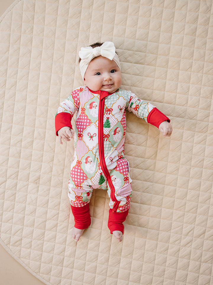  Christmas Patchwork Bamboo Zippy — baby in patchwork Christmas romper, Lucky Panda Kids
