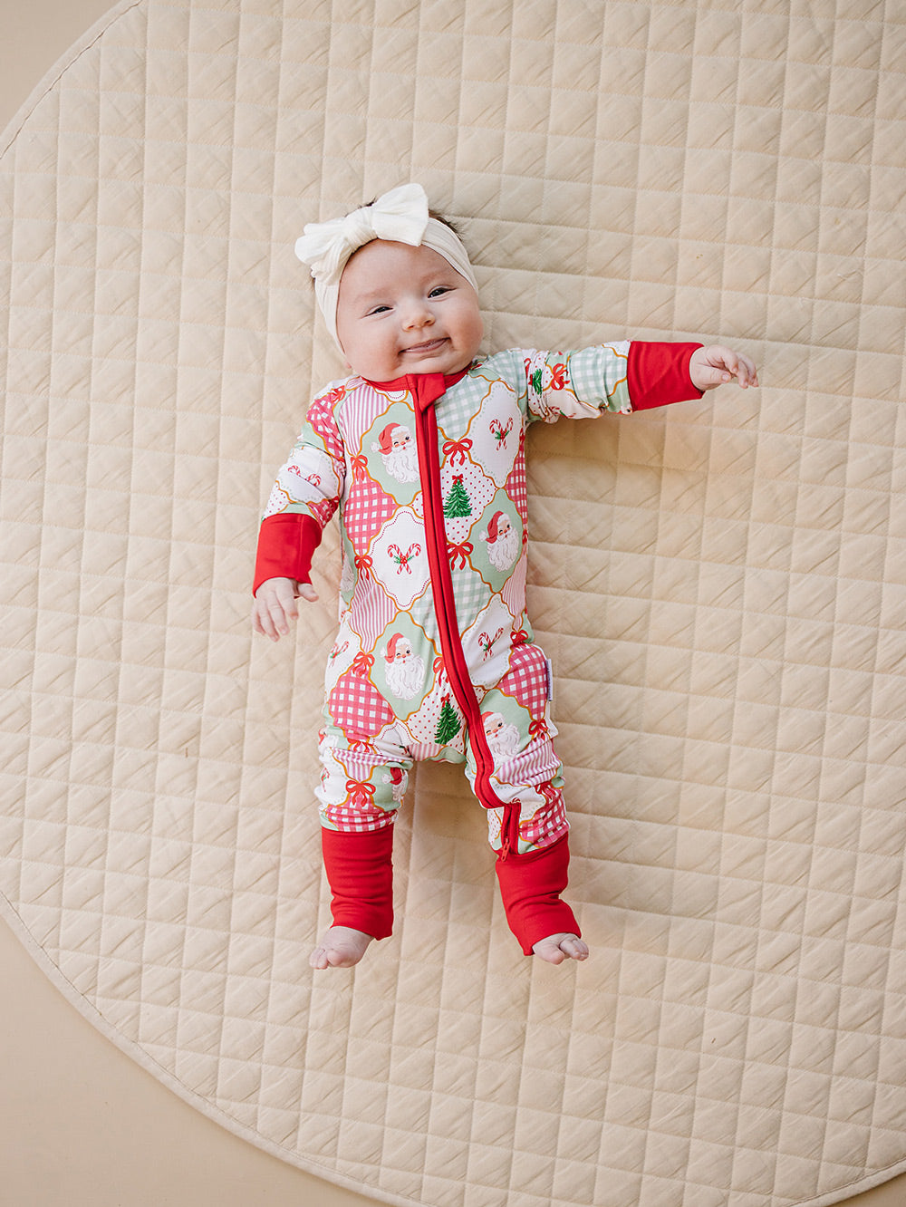  Christmas Patchwork Bamboo Zippy — baby in patchwork Christmas romper, Lucky Panda Kids
