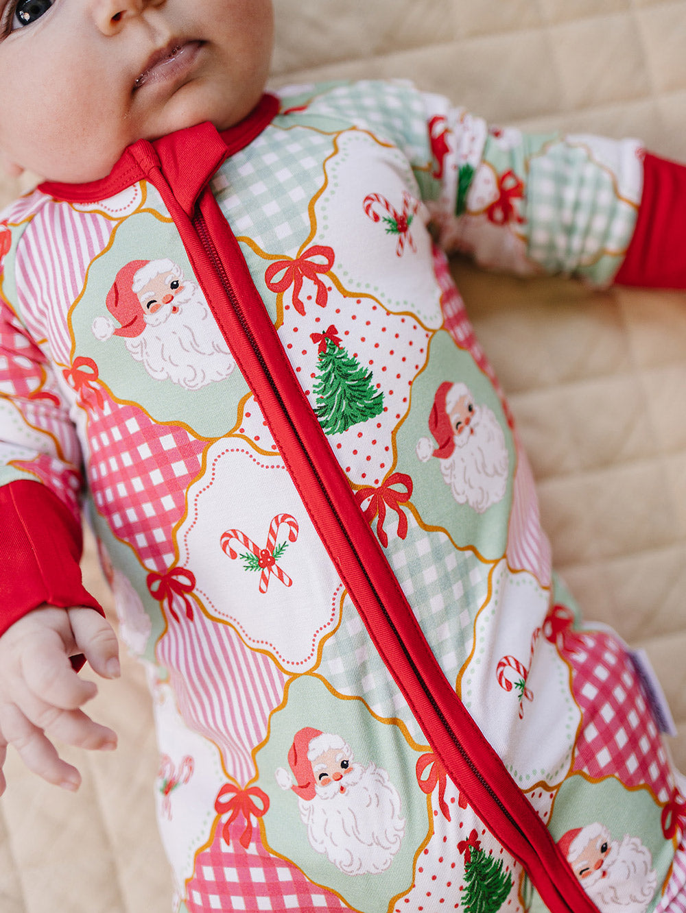  Christmas Patchwork Bamboo Zippy — baby in patchwork Christmas romper, Lucky Panda Kids
