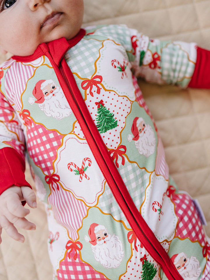  Christmas Patchwork Bamboo Zippy — baby in patchwork Christmas romper, Lucky Panda Kids
