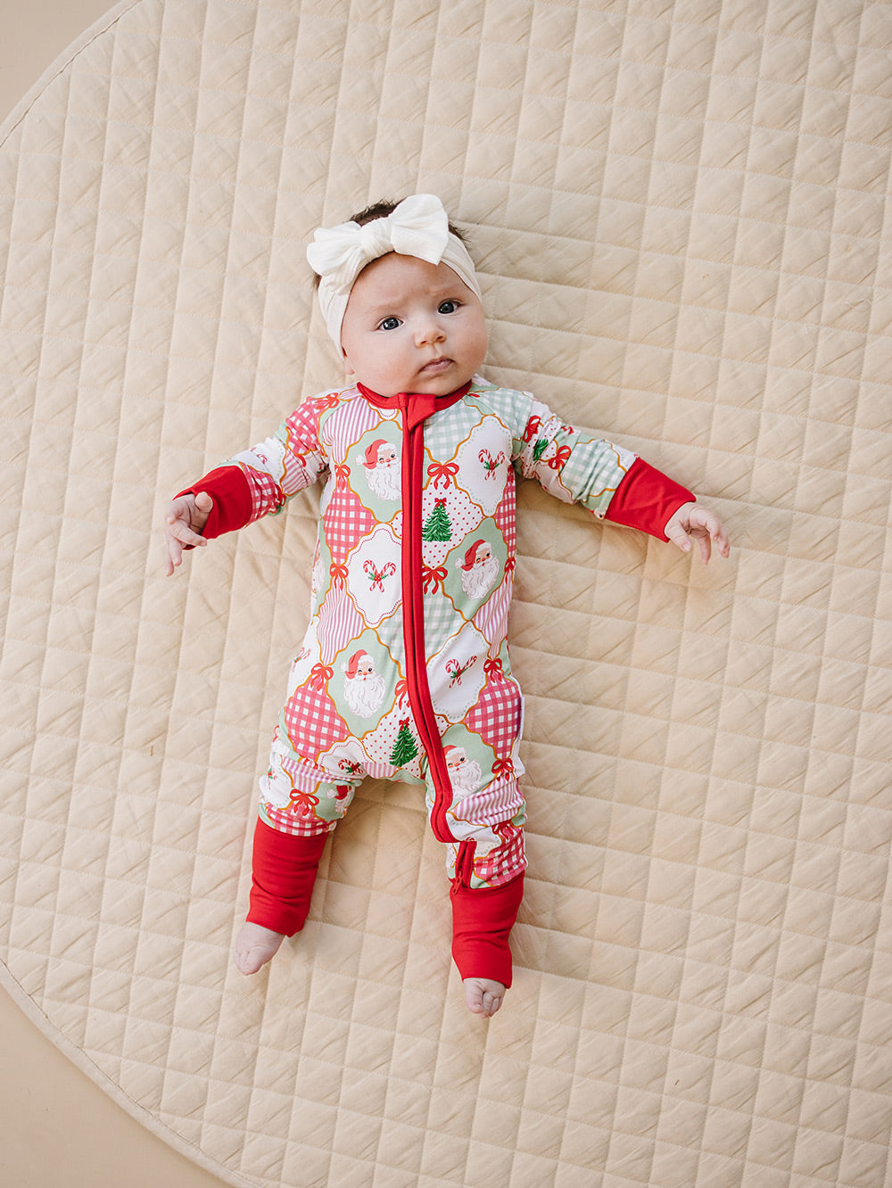  Christmas Patchwork Bamboo Zippy — baby in patchwork Christmas romper, Lucky Panda Kids
