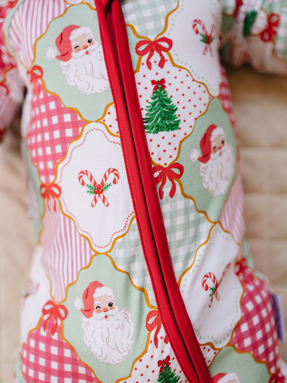  Christmas Patchwork Bamboo Zippy — baby in patchwork Christmas romper, Lucky Panda Kids
