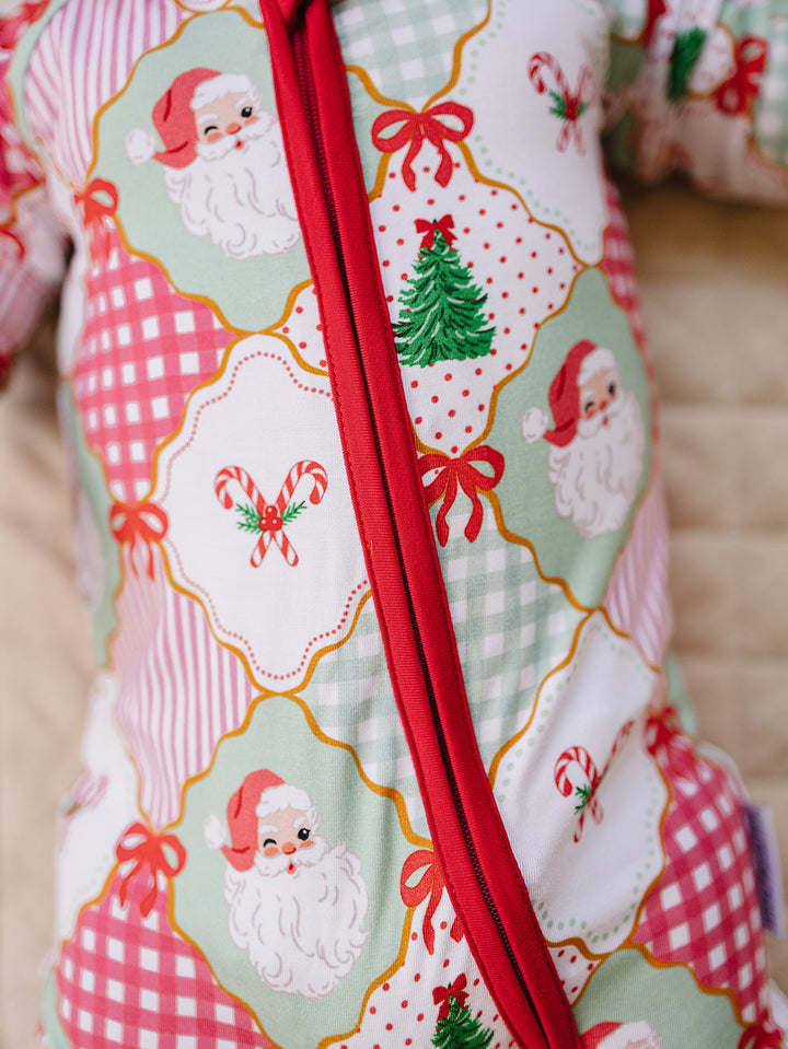  Christmas Patchwork Bamboo Zippy — baby in patchwork Christmas romper, Lucky Panda Kids
