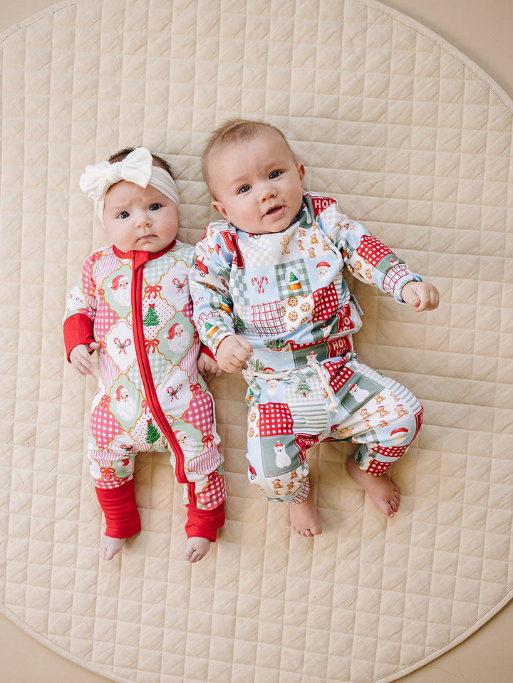 Christmas Patchwork Jogger Set — toddler boy in patchwork Christmas pajama set, Lucky Panda Kids