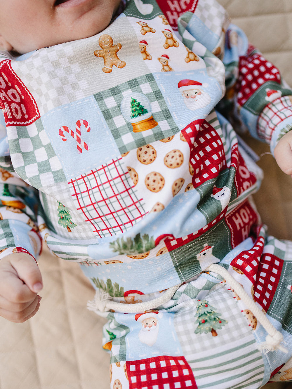 Christmas Patchwork Jogger Set — toddler boy in patchwork Christmas pajama set, Lucky Panda Kids
