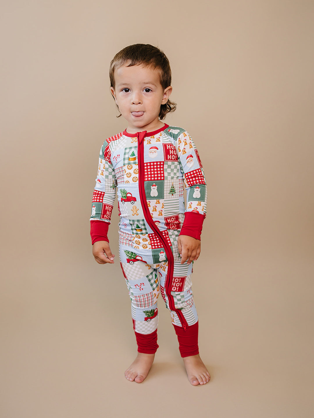 Christmas Patchwork Bamboo Zippy — toddler baby in patchwork Christmas romper, Lucky Panda Kids