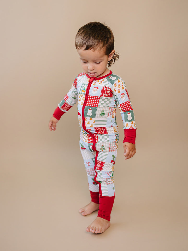 Christmas Patchwork Bamboo Zippy — toddler baby in patchwork Christmas romper, Lucky Panda Kids