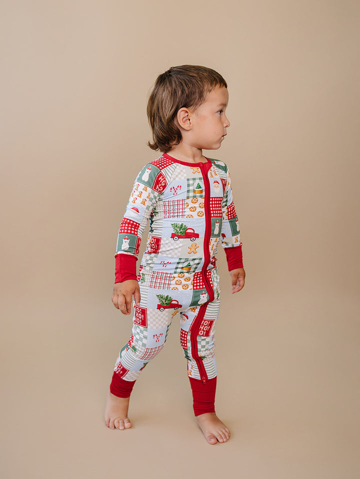 Christmas Patchwork Bamboo Zippy —toddler  baby in patchwork Christmas romper, Lucky Panda Kids